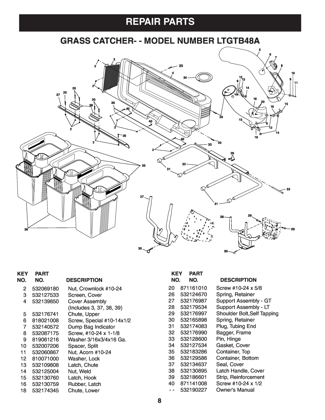 Poulan owner manual Repair Parts, GRASS CATCHER- - MODEL NUMBER LTGTB48A 