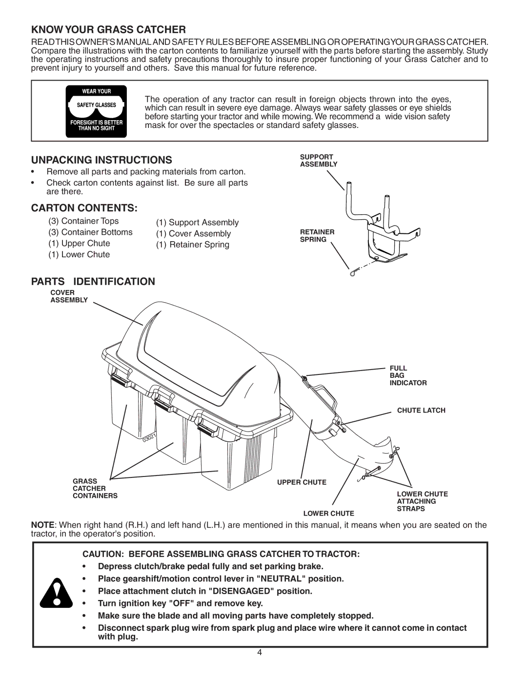 Poulan LTT354, 96072001200, 406288 Know Your Grass Catcher, Unpacking Instructions, Carton Contents, Parts Identification 