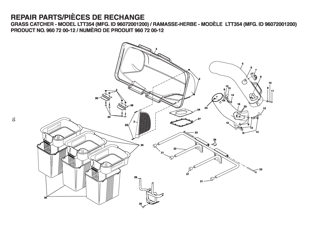 Poulan 960 72 00-12, LTT354, 96072001200, 406288 owner manual Repair Parts/Pièces De Rechange 