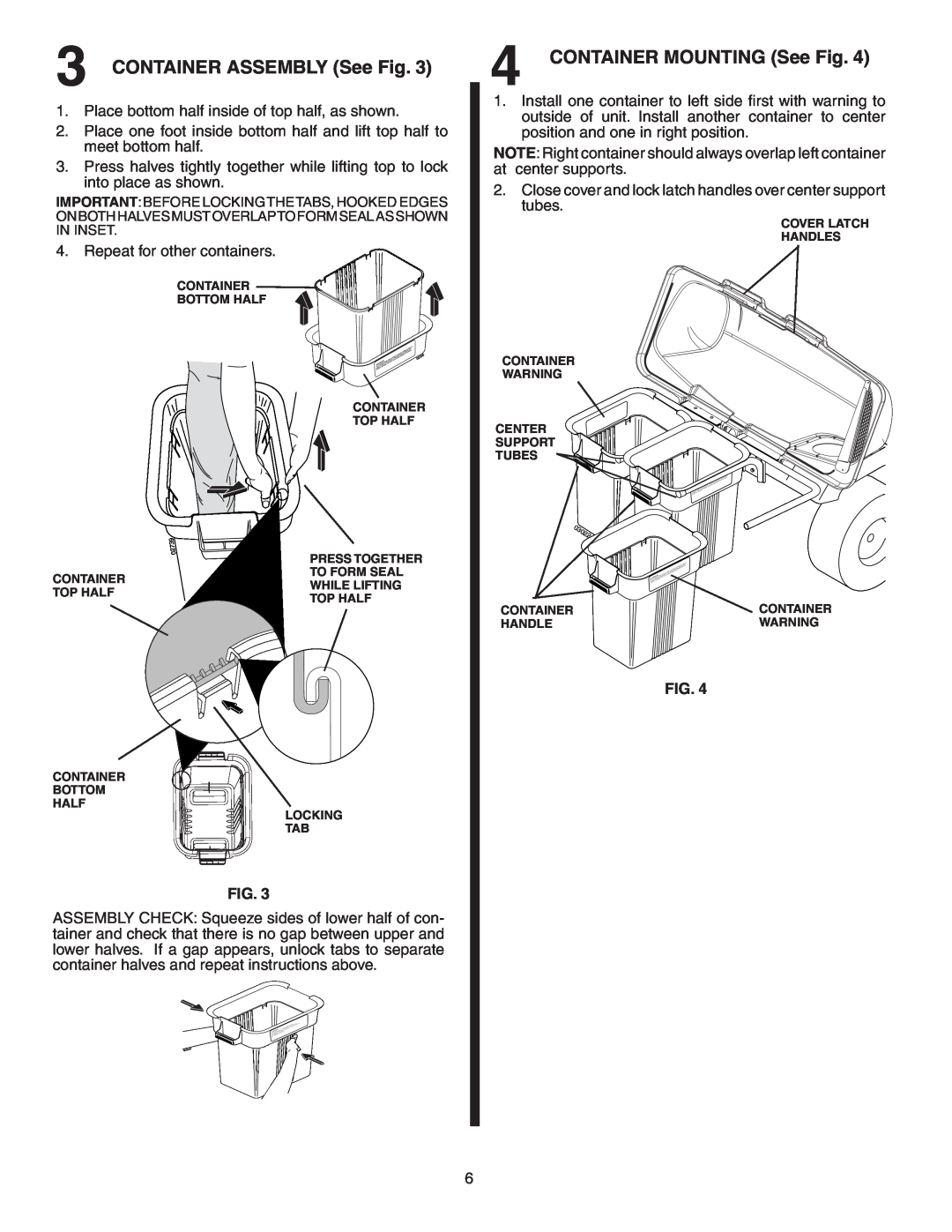 Poulan 960 72 00-12, LTT354, 96072001200, 406288 owner manual CONTAINER ASSEMBLY See Fig, CONTAINER MOUNTING See Fig 