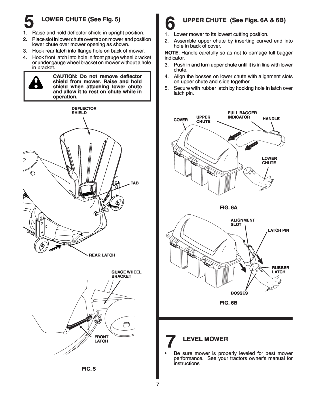 Poulan 406288, LTT354, 96072001200, 960 72 00-12 owner manual LOWER CHUTE See Fig, UPPER CHUTE See Figs. 6A & 6B, Level Mower 