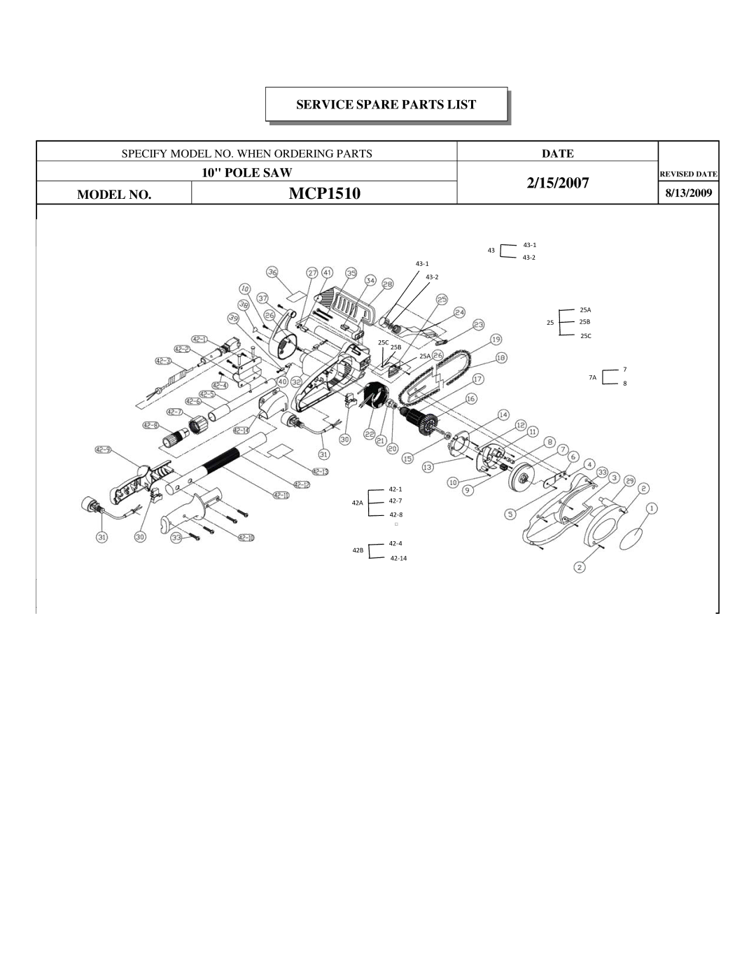 Poulan MCP1510 manual Service Spare Parts List, Pole SAW, Model no 