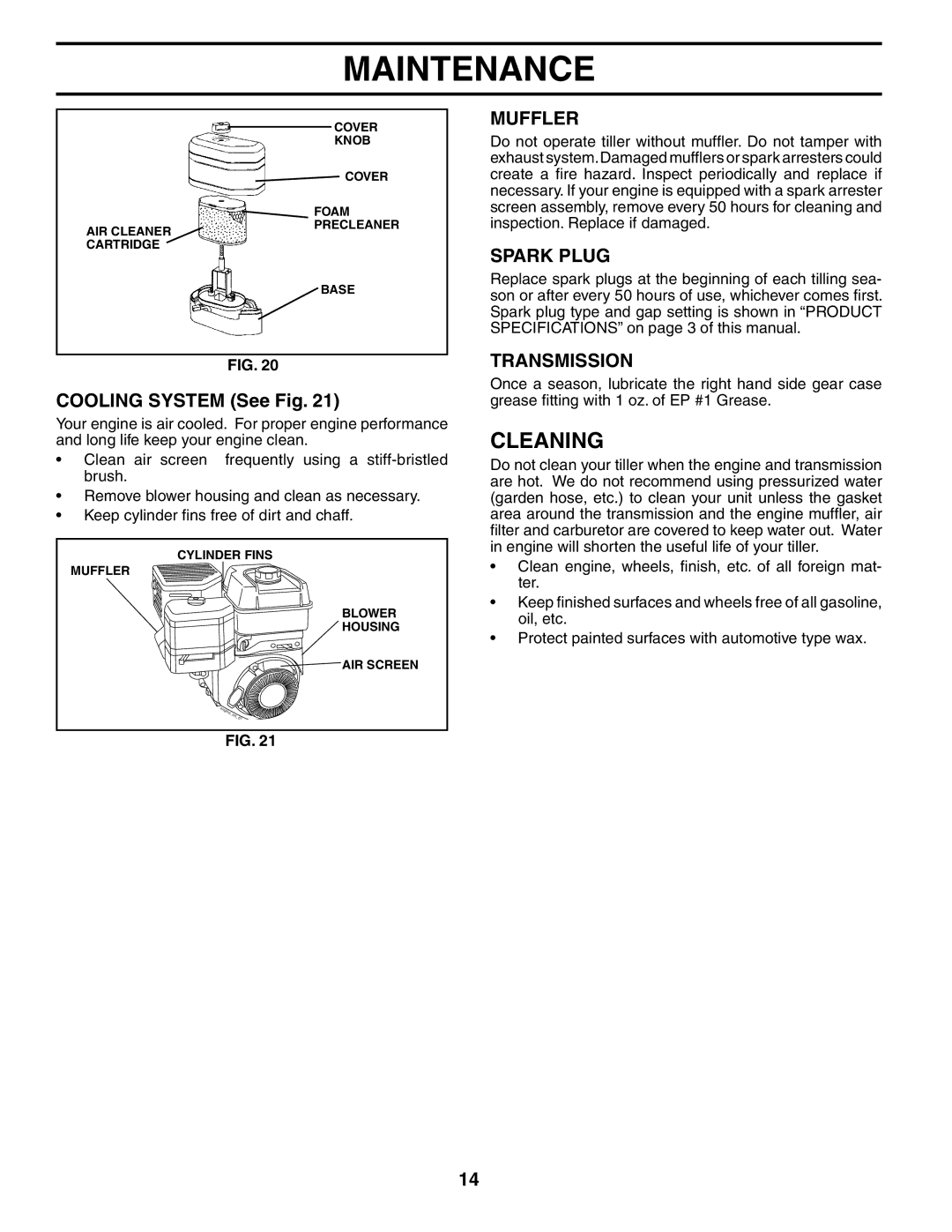 Poulan MRT500 owner manual Cleaning, Muffler, Spark Plug, Cooling System See Fig, Transmission 