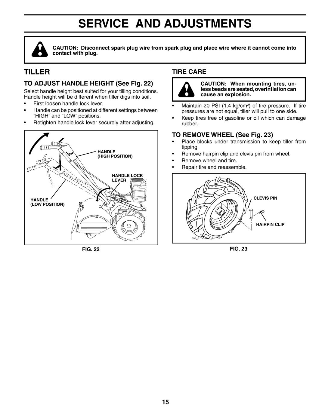 Poulan MRT500 Service and Adjustments, Tiller, To Adjust Handle Height See Fig, Tire Care, To Remove Wheel See Fig 