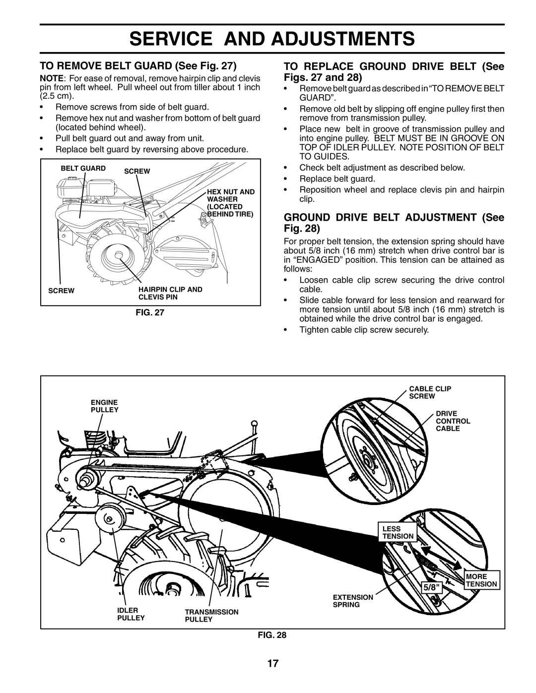 Poulan MRT500 To Remove Belt Guard See Fig, To Replace Ground Drive Belt See Figs, Ground Drive Belt Adjustment See Fig 