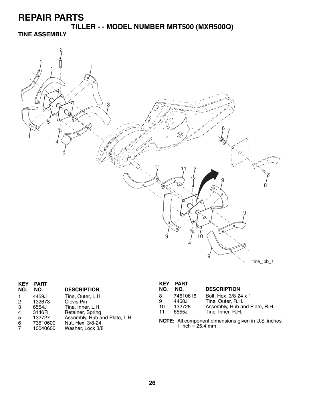 Poulan MRT500 owner manual Tine Assembly 