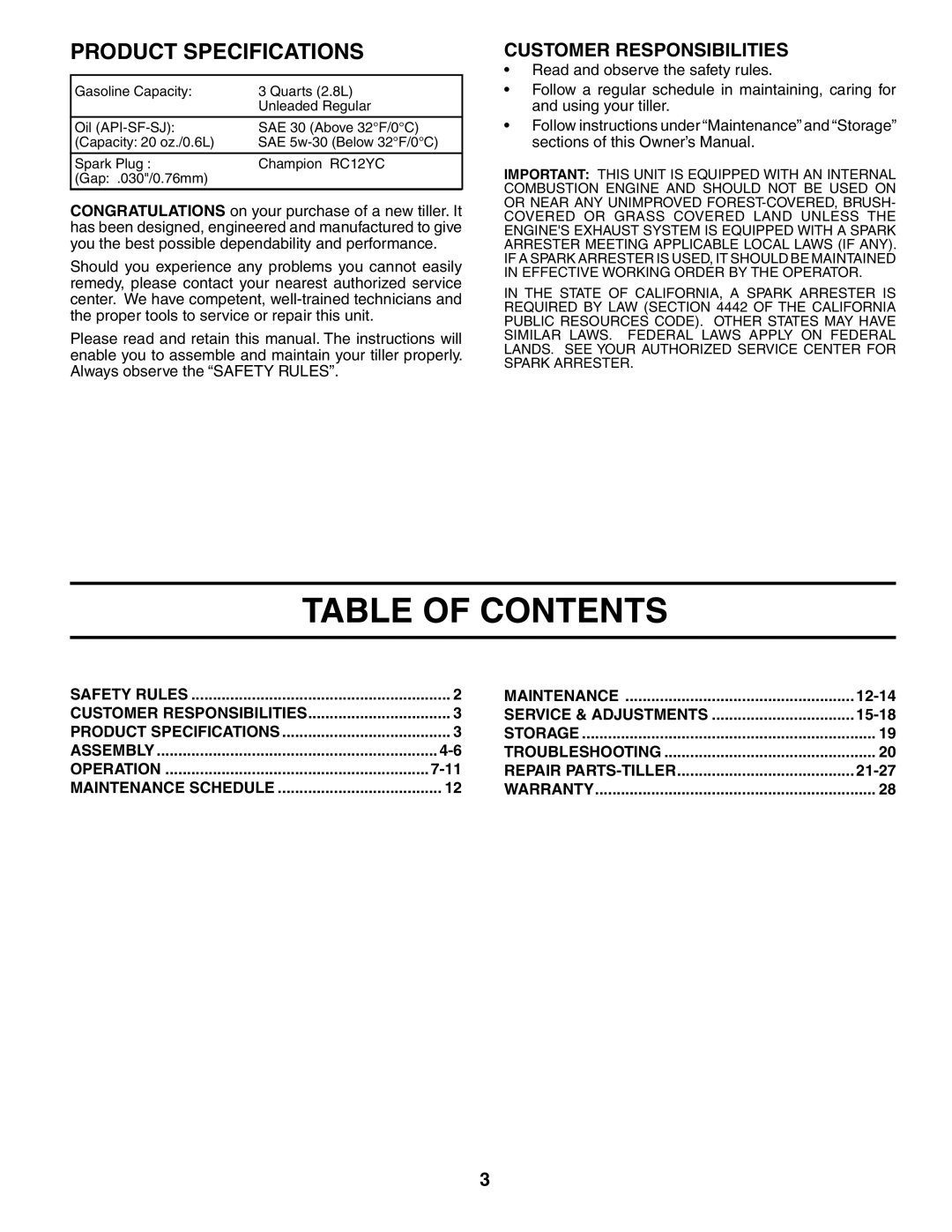 Poulan MRT500 owner manual Table of Contents 