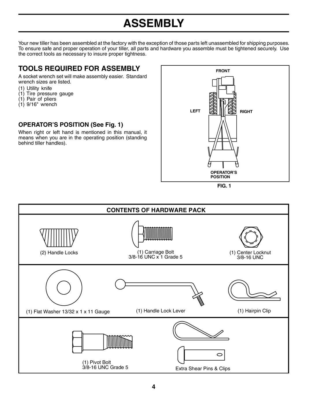 Poulan MRT500 owner manual Tools Required for Assembly, OPERATOR’S Position See Fig 