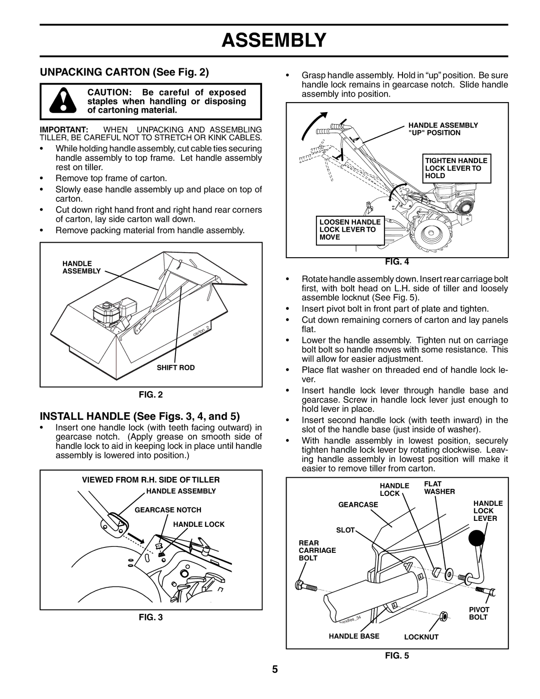 Poulan MRT500 owner manual Unpacking Carton See Fig, Install Handle See Figs , 4 