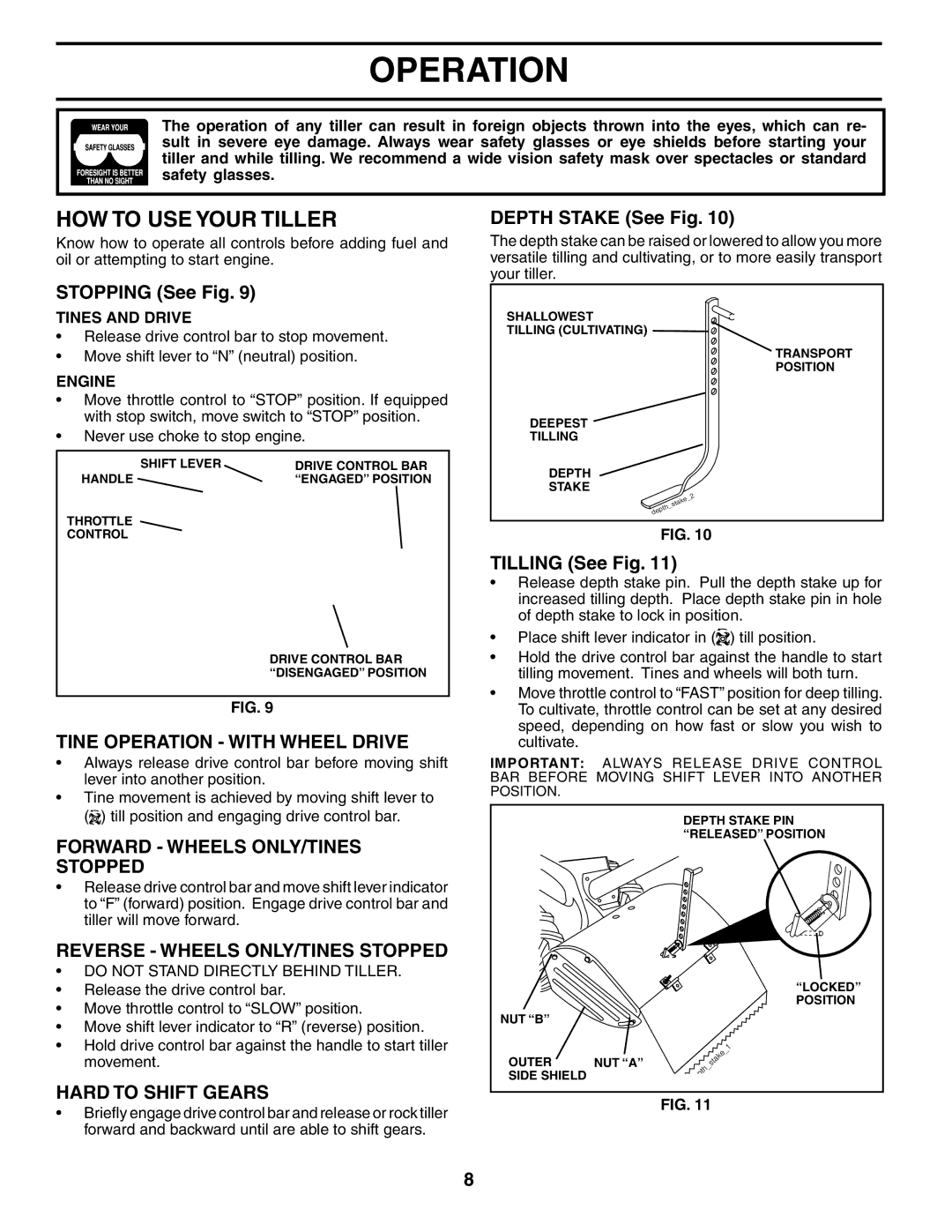 Poulan MRT500 owner manual HOW to USE Your Tiller, Tine Operation with Wheel Drive, Forward Wheels ONLY/TINES Stopped 