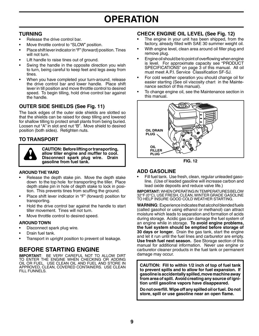 Poulan MRT500 owner manual Before Starting Engine, Turning, To Transport, ADD Gasoline 