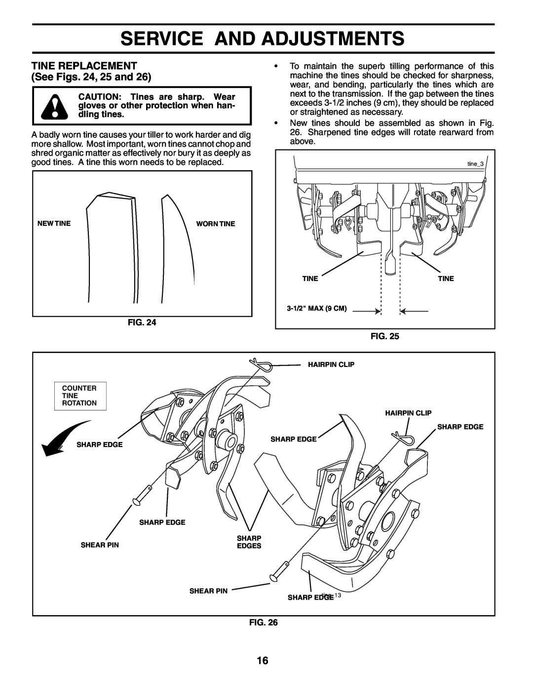 Poulan MRT500 owner manual TINE REPLACEMENT See Figs. 24, 25 and, Service And Adjustments, tine13 