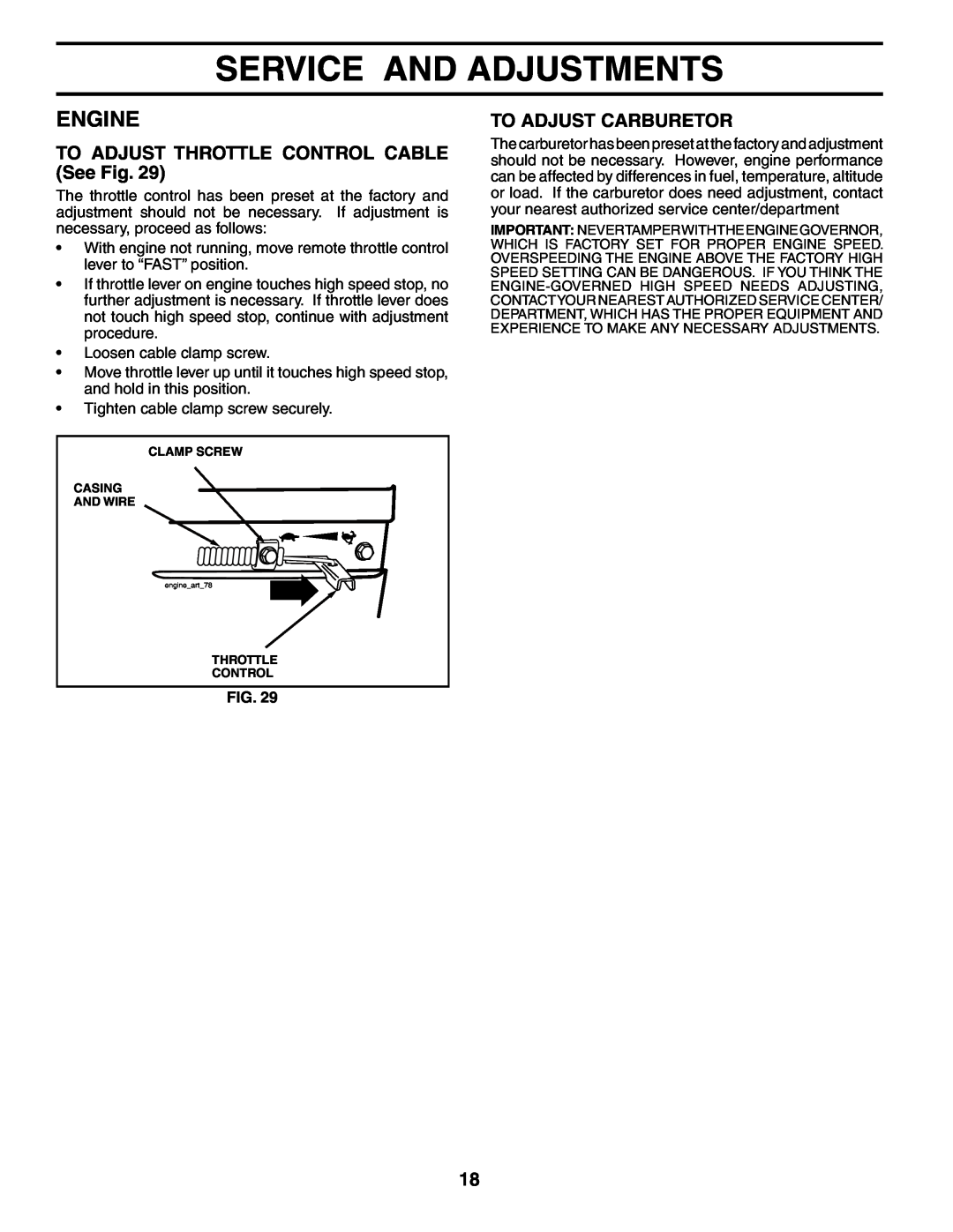 Poulan MRT500 owner manual TO ADJUST THROTTLE CONTROL CABLE See Fig, To Adjust Carburetor, Service And Adjustments, Engine 