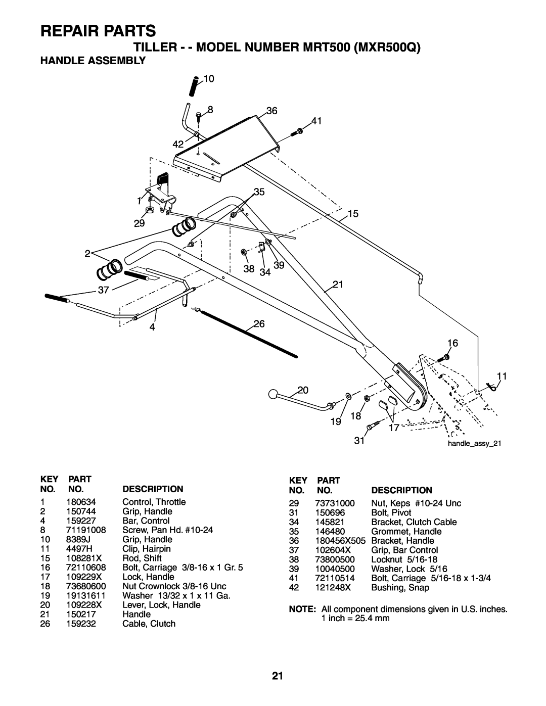 Poulan owner manual Repair Parts, TILLER - - MODEL NUMBER MRT500 MXR500Q, Handle Assembly, 38 34, Description 