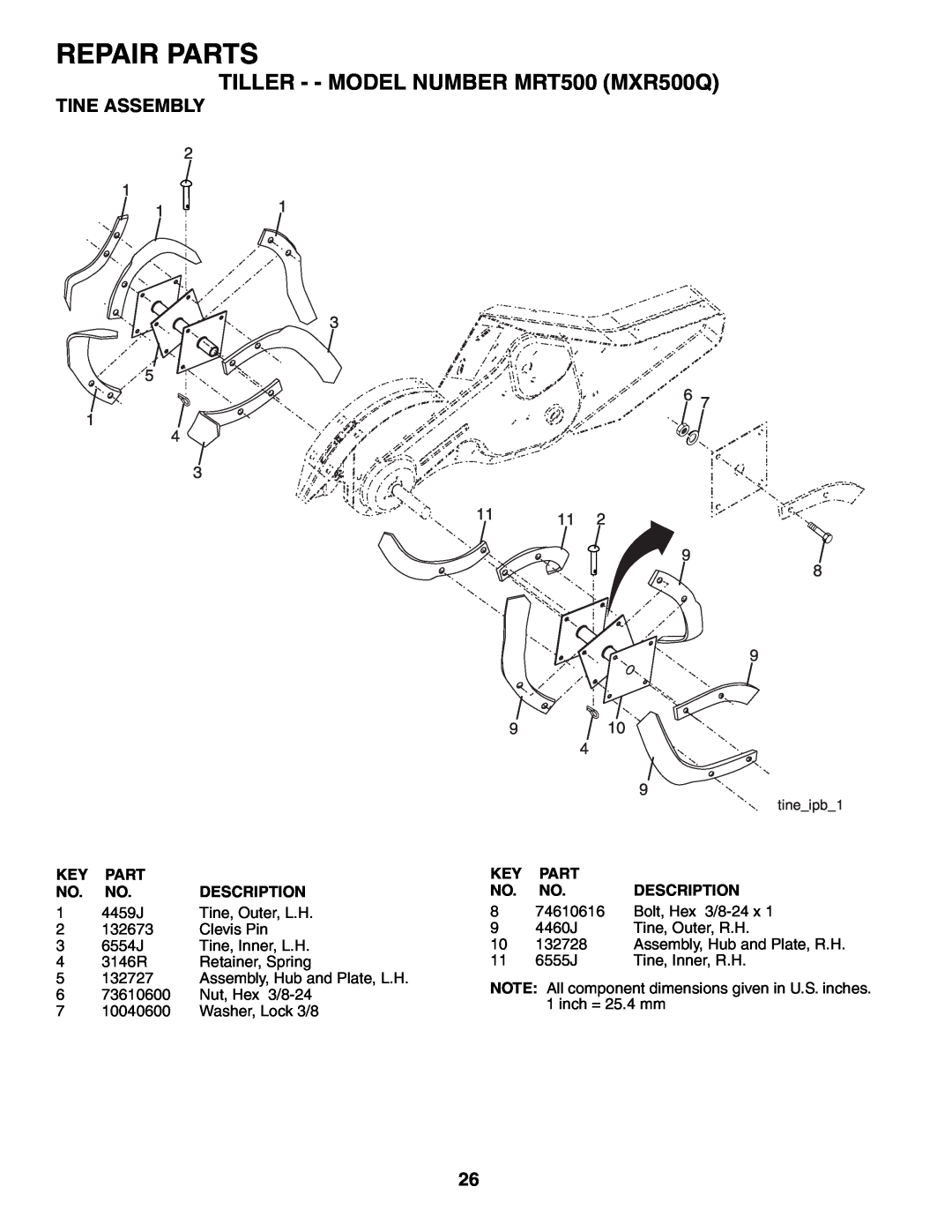 Poulan owner manual Tine Assembly, Repair Parts, TILLER - - MODEL NUMBER MRT500 MXR500Q, 9 10, Description 
