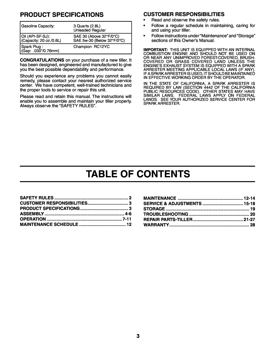 Poulan MRT500 owner manual Table Of Contents, Product Specifications, Customer Responsibilities, 7-11, 12-14, 15-18, 21-27 