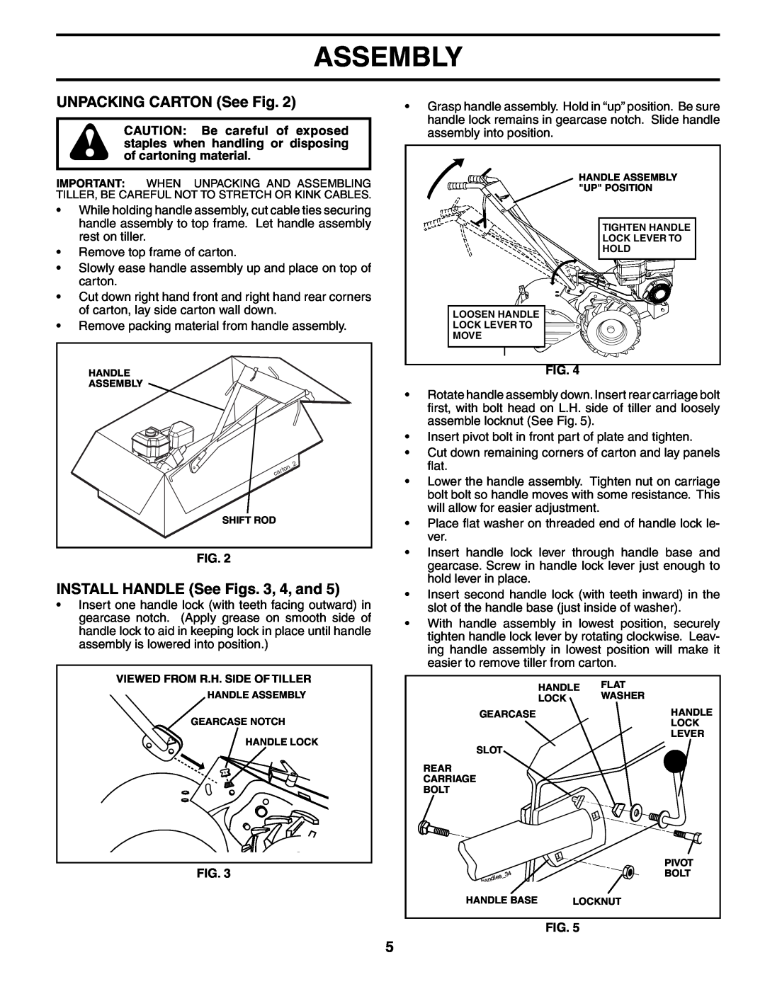 Poulan MRT500 owner manual UNPACKING CARTON See Fig, INSTALL HANDLE See Figs. 3, 4, and, Assembly 