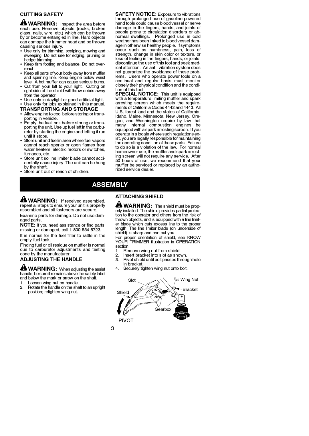 Poulan MX557 instruction manual Assembly, Cutting Safety, Transporting and Storage, Adjusting the Handle, Attaching Shield 