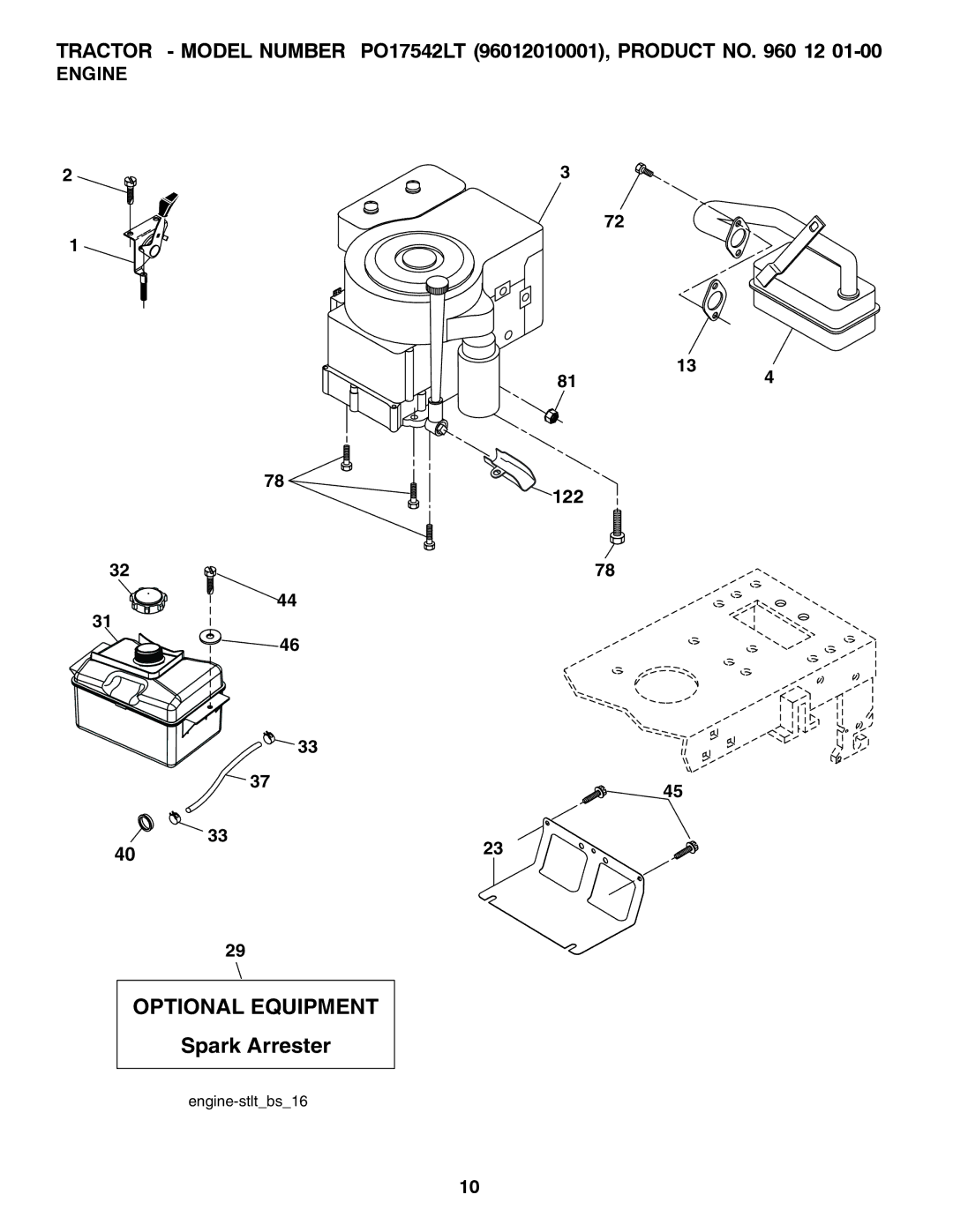 Poulan P017542LT manual Optional Equipment, Engine 