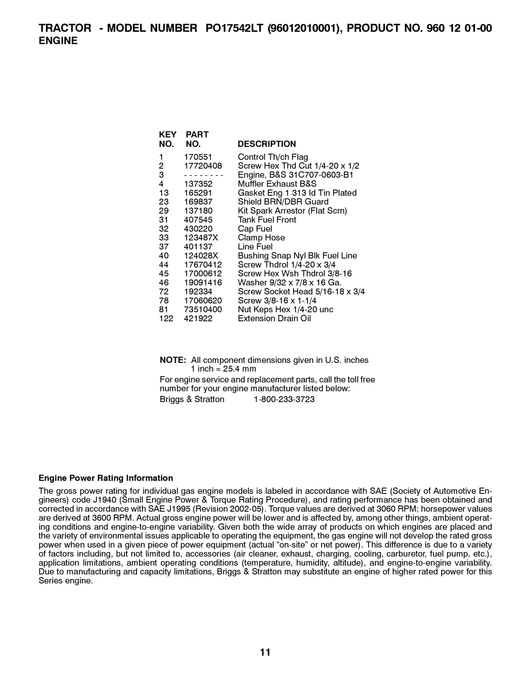 Poulan P017542LT manual Engine Power Rating Information 