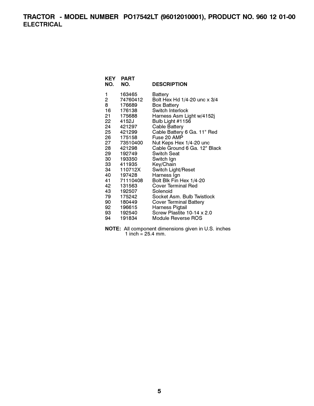 Poulan P017542LT manual KEY Part Description 