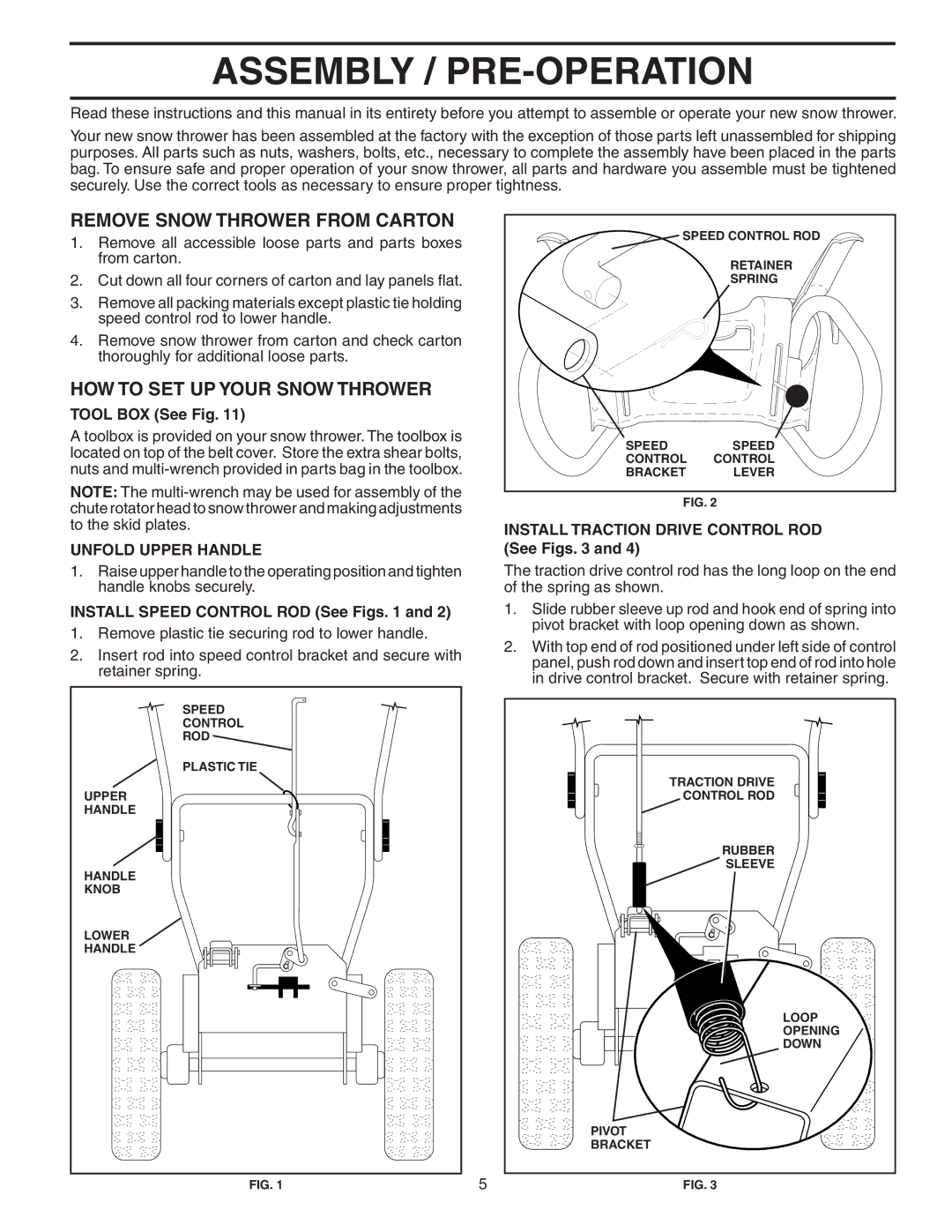 Poulan P10530ESA owner manual Assembly / PRE-OPERATION, Remove Snow Thrower from Carton, HOW to SET UP Your Snow Thrower 