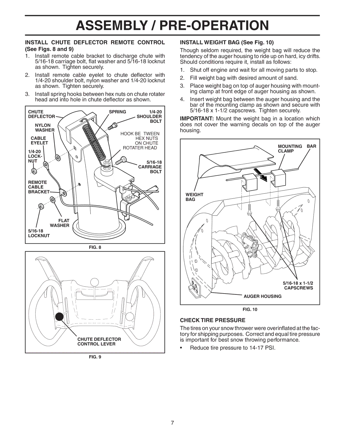 Poulan P10530ESA Install Chute Deflector Remote Control See Figs, Install Weight BAG See Fig, Check Tire Pressure 