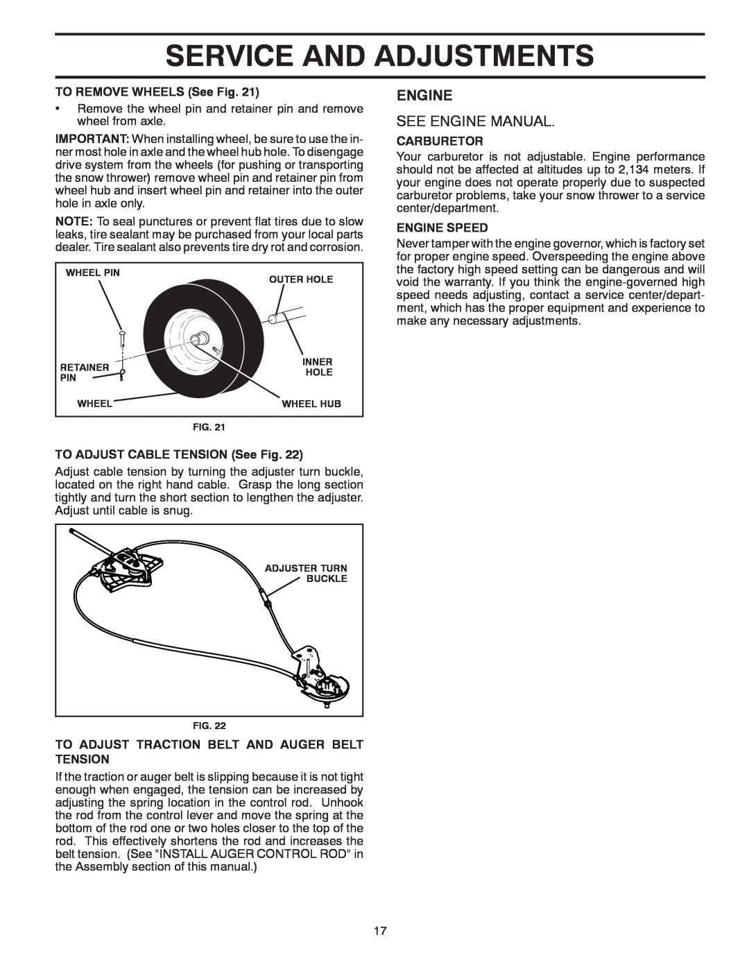 Poulan P14530ES See Engine Manual, Service And Adjustments, TO REMOVE WHEELS See Fig, TO ADJUST CABLE TENSION See Fig 