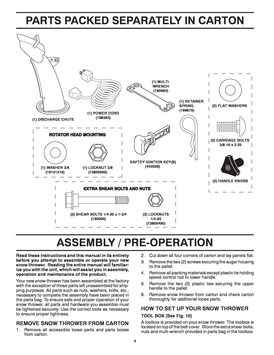 Poulan P14530ES owner manual Parts Packed Separately In Carton, Assembly / Pre-Operation, Remove Snow Thrower From Carton 
