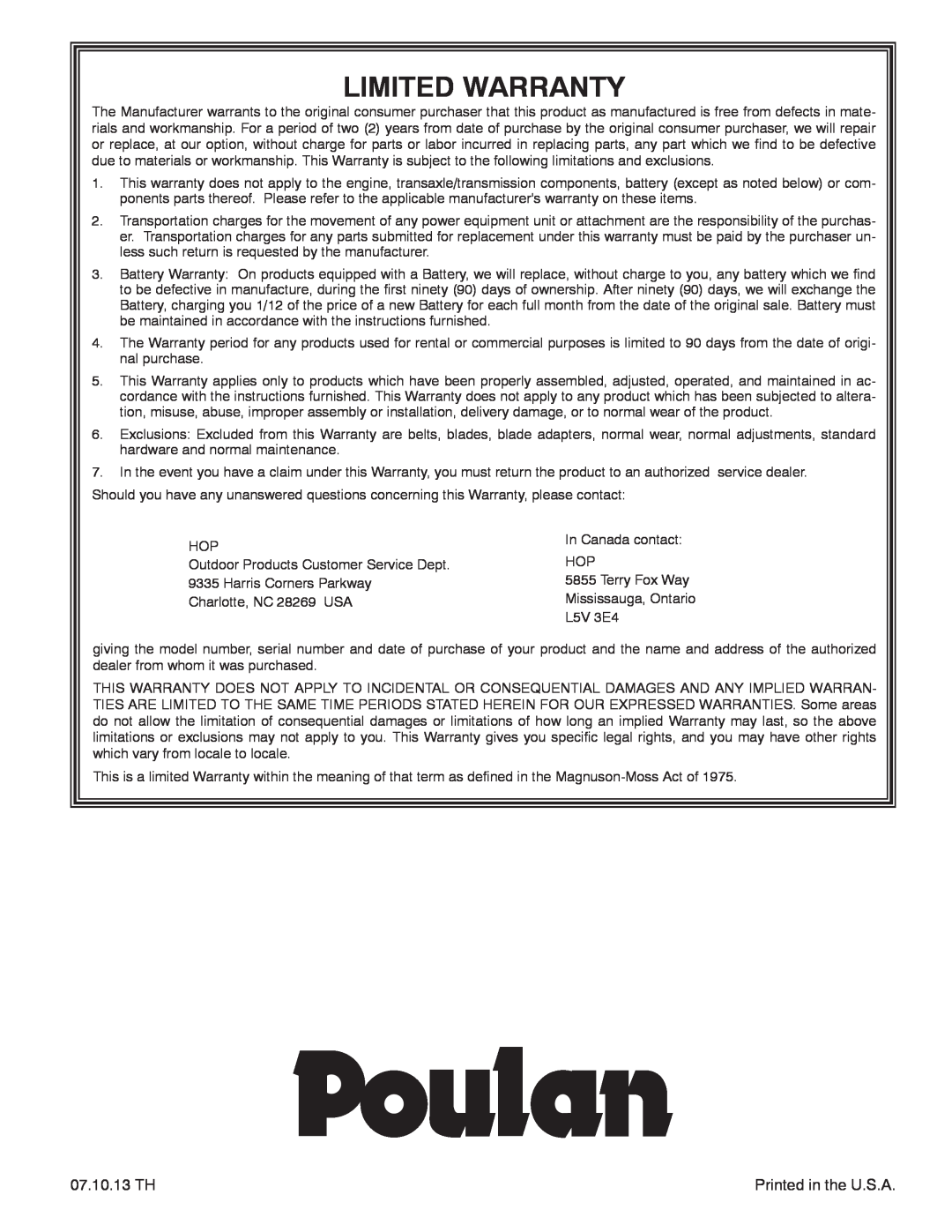 Poulan P14530ES owner manual Limited Warranty, 07.10.13 TH 