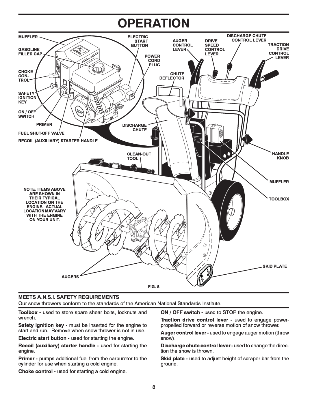 Poulan P14530ES owner manual Operation, Meets A.N.S.I. Safety Requirements, Choke control - used for starting a cold engine 