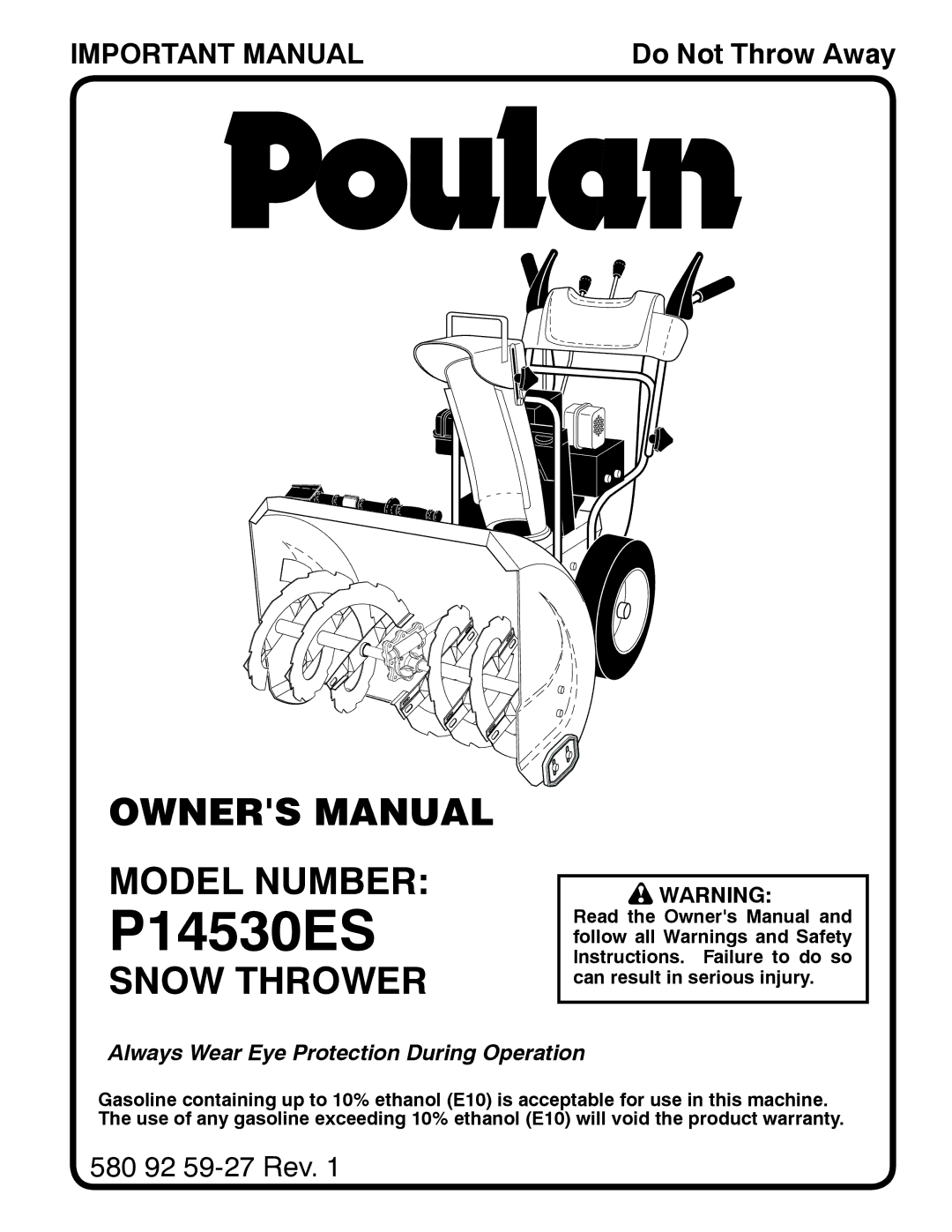 Poulan P14530ES owner manual Model Number, Snow Thrower 