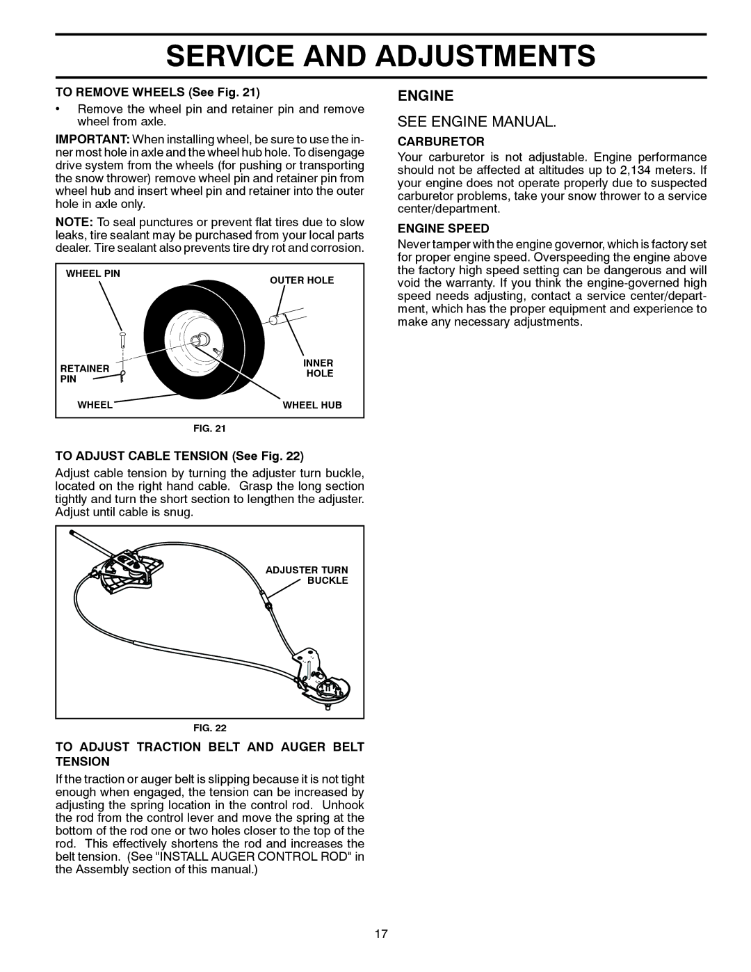 Poulan P14530ES To Remove Wheels See Fig, To Adjust Cable Tension See Fig, To Adjust Traction Belt and Auger Belt Tension 