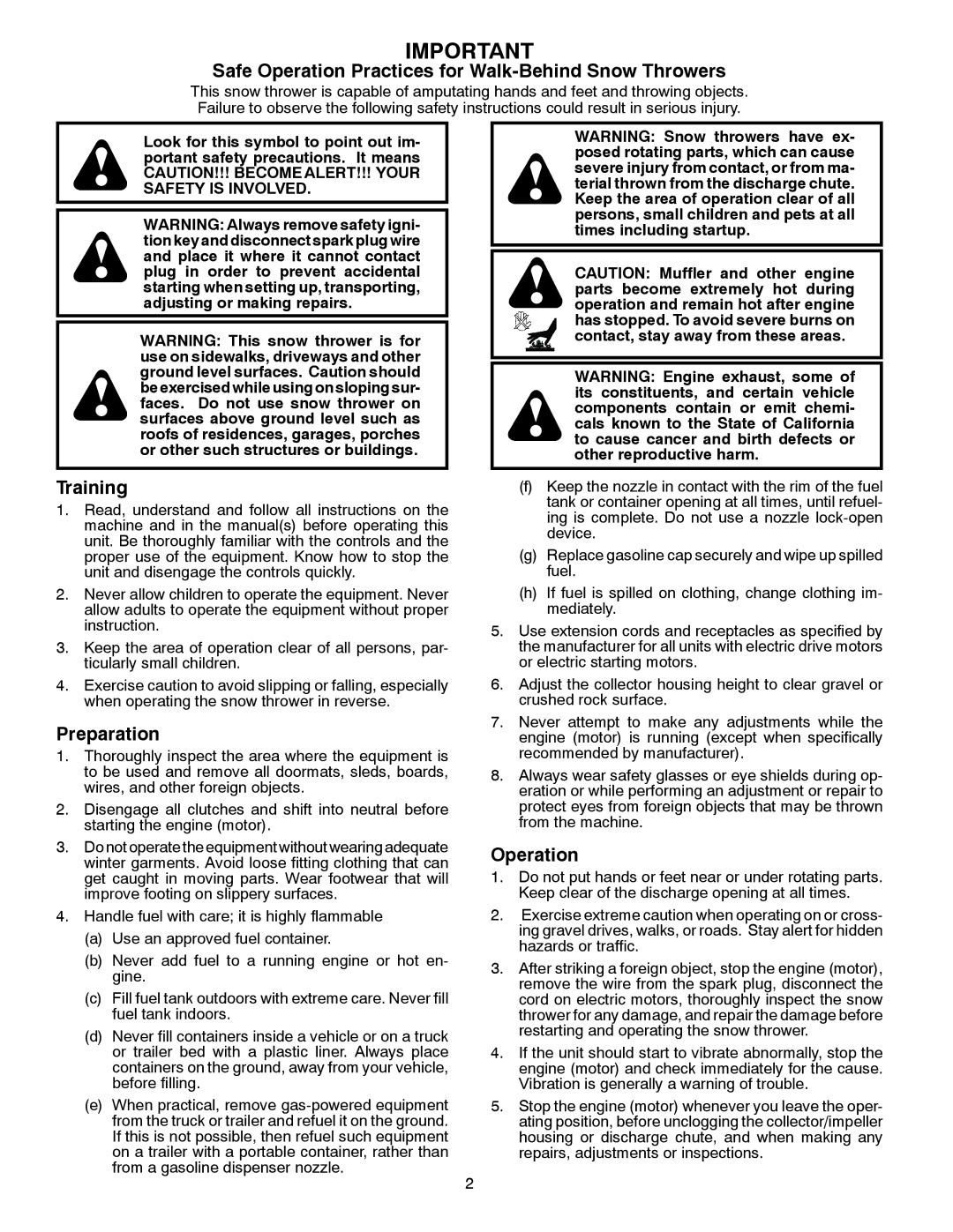 Poulan P14530ES owner manual Safe Operation Practices for Walk-Behind Snow Throwers 