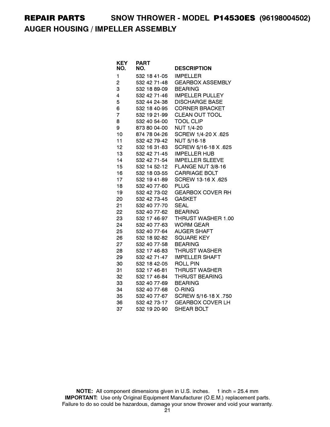 Poulan P14530ES owner manual KEY Part Description 