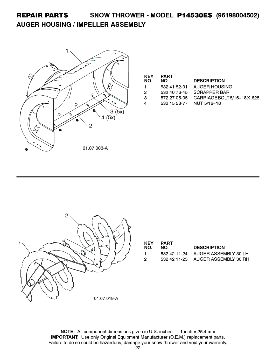 Poulan P14530ES owner manual CARRIAGEBOLT5/16−18X.625, Auger Assembly 30 LH, Auger Assembly 30 RH 