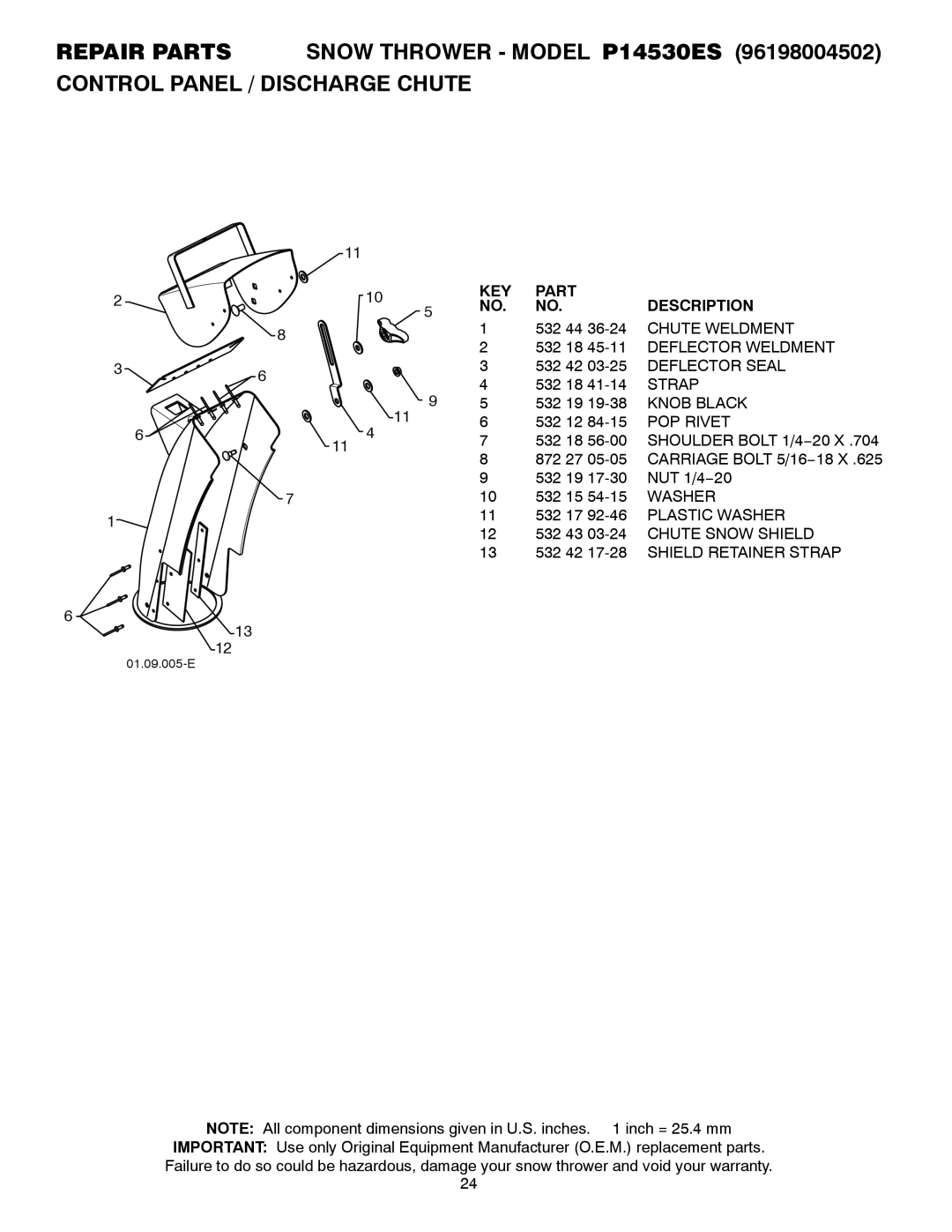 Poulan P14530ES 532 18 45-11 Deflector Weldment, Knob Black, POP Rivet, Washer, 532 42 17-28 Shield Retainer Strap 