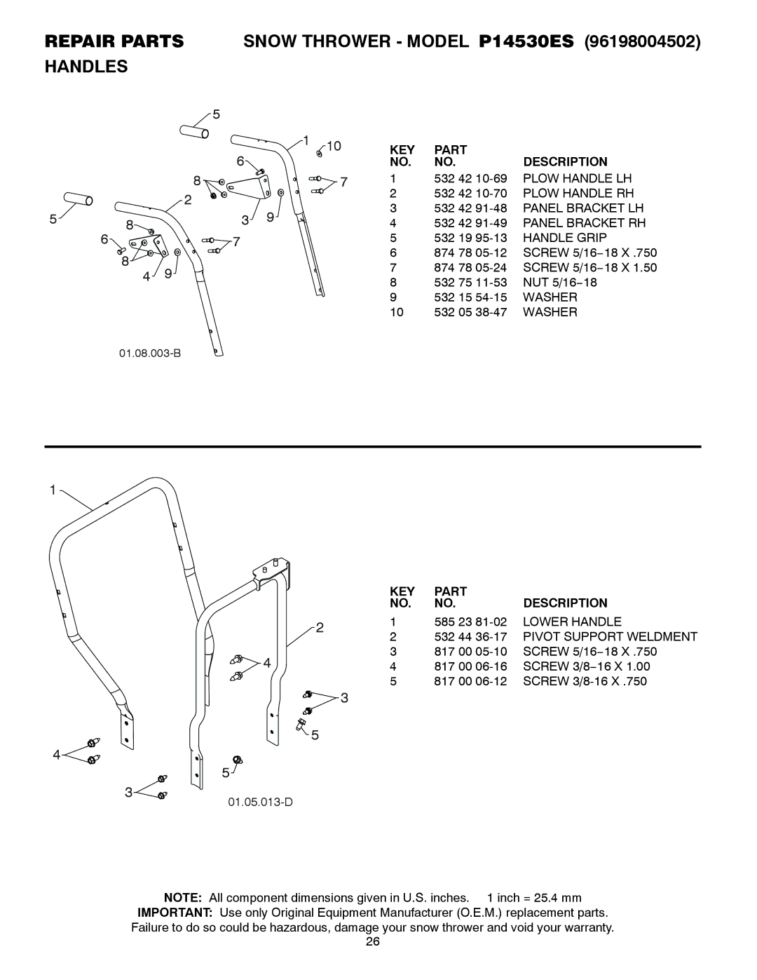 Poulan owner manual Repair Parts Snow Thrower Model P14530ES Handles, Handle Grip, 532 44 36-17 Pivot Support Weldment 