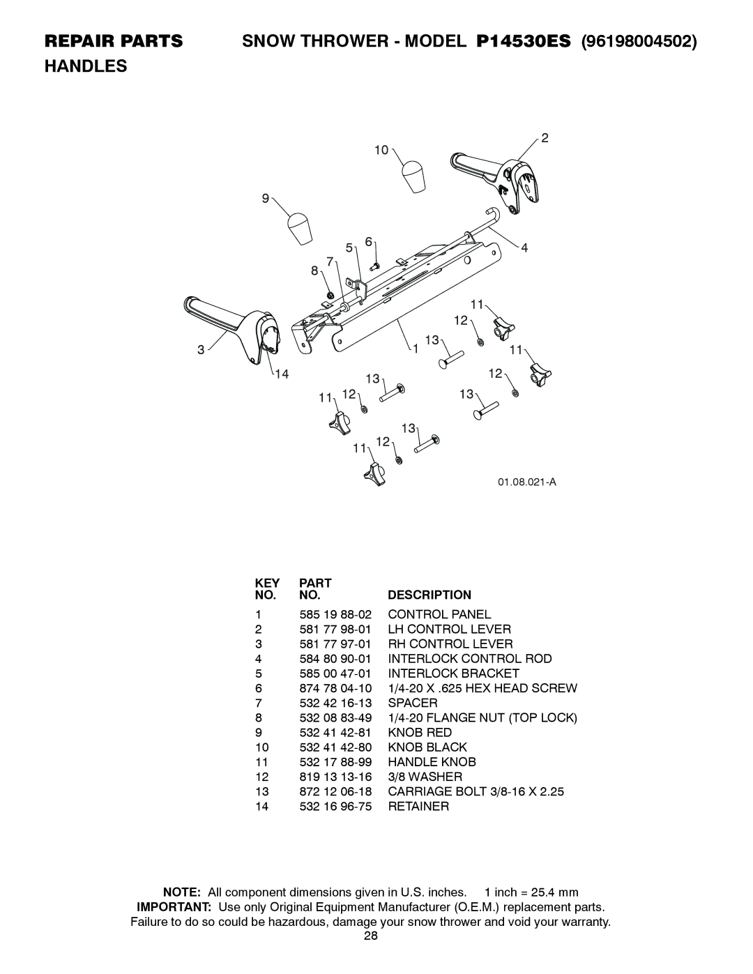 Poulan P14530ES owner manual 584 80 90-01 Interlock Control ROD, Spacer, Knob RED, Handle Knob 