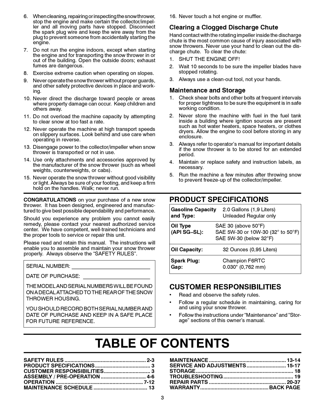 Poulan P14530ES owner manual Table of Contents 