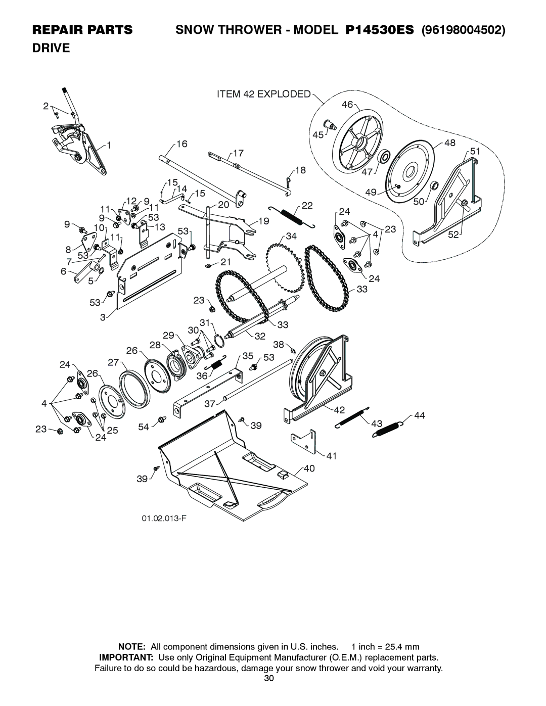 Poulan owner manual Repair Parts Snow Thrower Model P14530ES Drive, Item 42 Exploded 