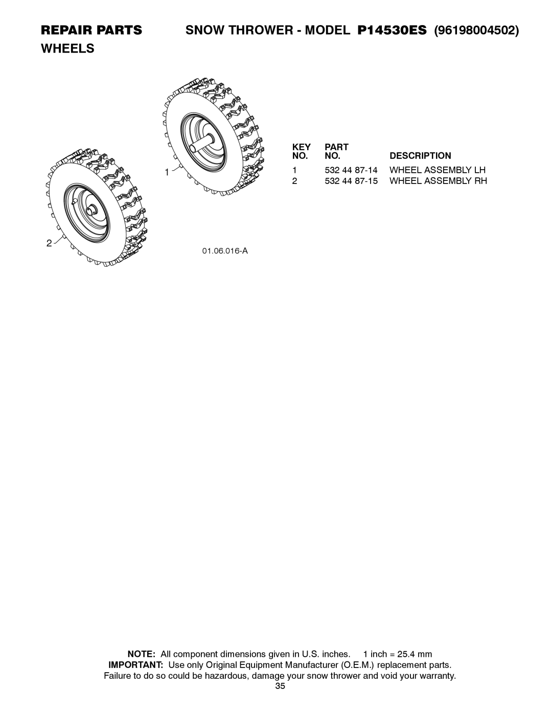 Poulan owner manual Repair Parts Snow Thrower Model P14530ES Wheels, Wheel Assembly LH 