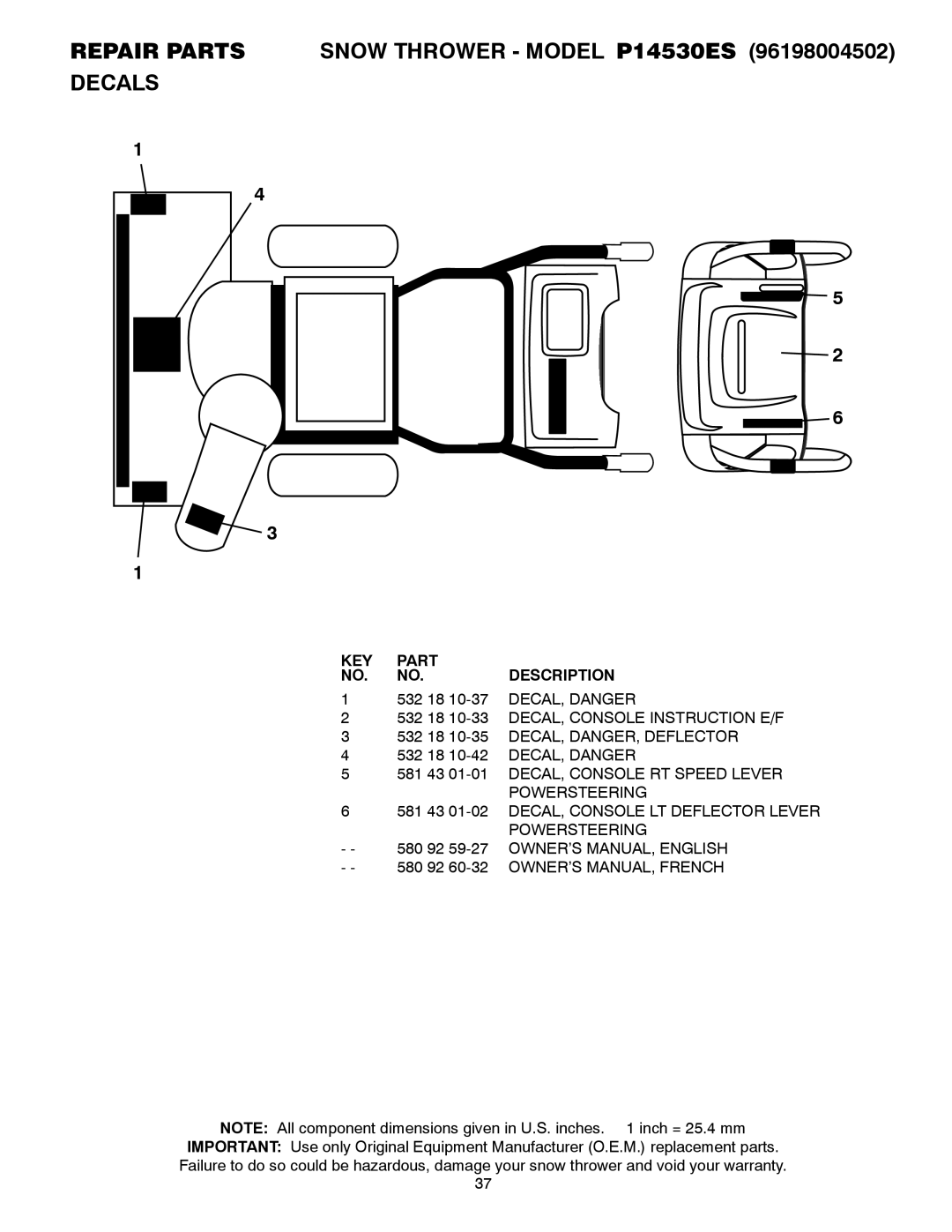 Poulan owner manual Repair Parts Snow Thrower Model P14530ES Decals 