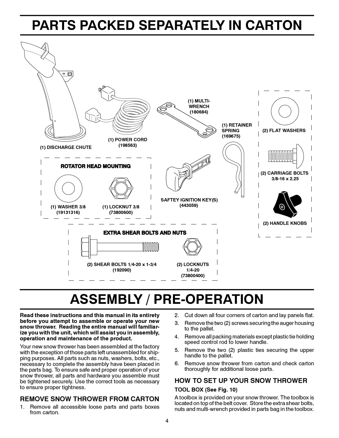 Poulan P14530ES owner manual Parts Packed Separately in Carton, Assembly / PRE-OPERATION, Remove Snow Thrower from Carton 