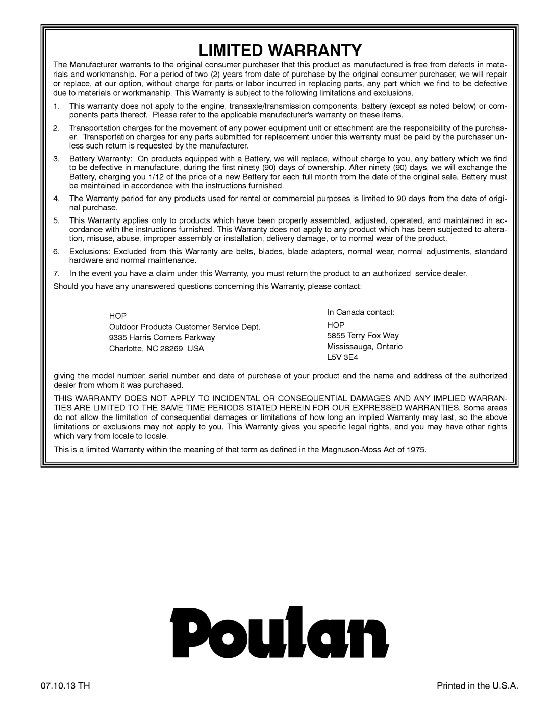 Poulan P14530ES owner manual Limited Warranty 