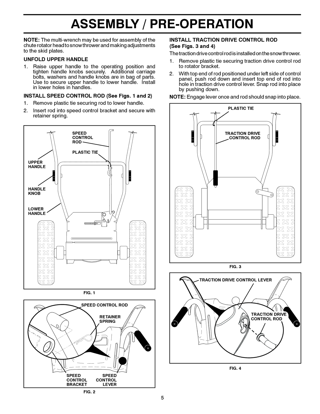 Poulan P14530ES Unfold Upper Handle, Install Speed Control ROD See Figs, Install Traction Drive Control ROD See Figs 