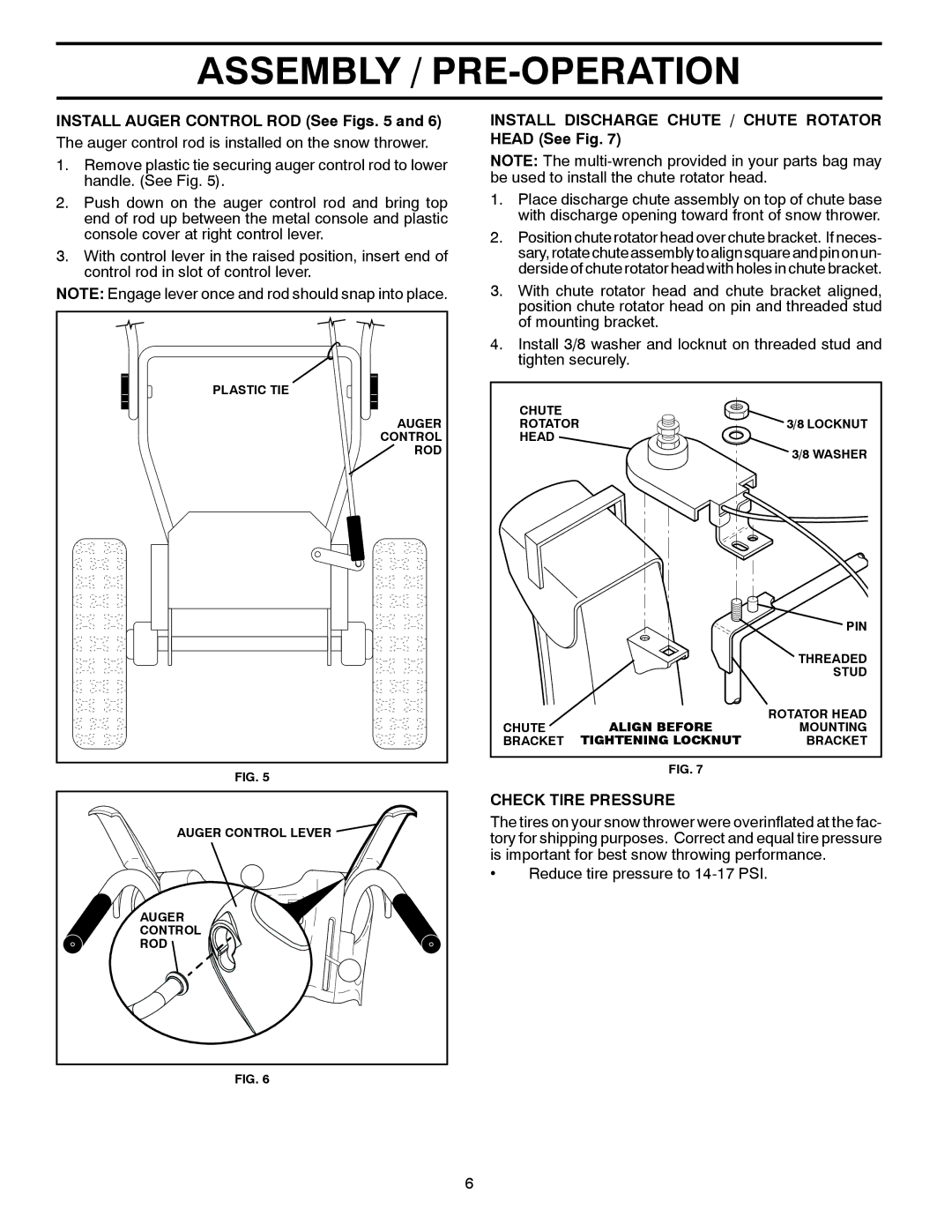 Poulan P14530ES owner manual Install Auger Control ROD See Figs, Install Discharge Chute / Chute Rotator Head See Fig 