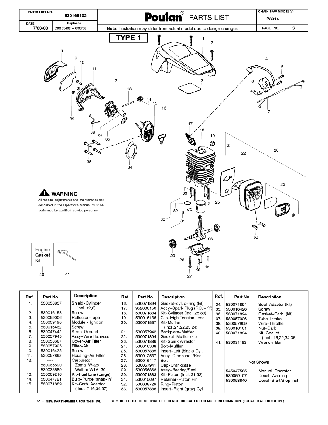 Poulan P3314 manual Type, Engine Gasket Kit 