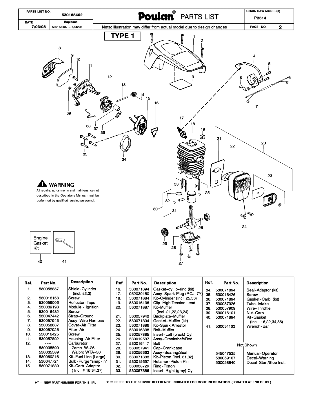 Poulan P3314 manual Type, Engine Gasket Kit, Description, WEED EATERRr, Partslist, Paramoupoulant, 530165402 