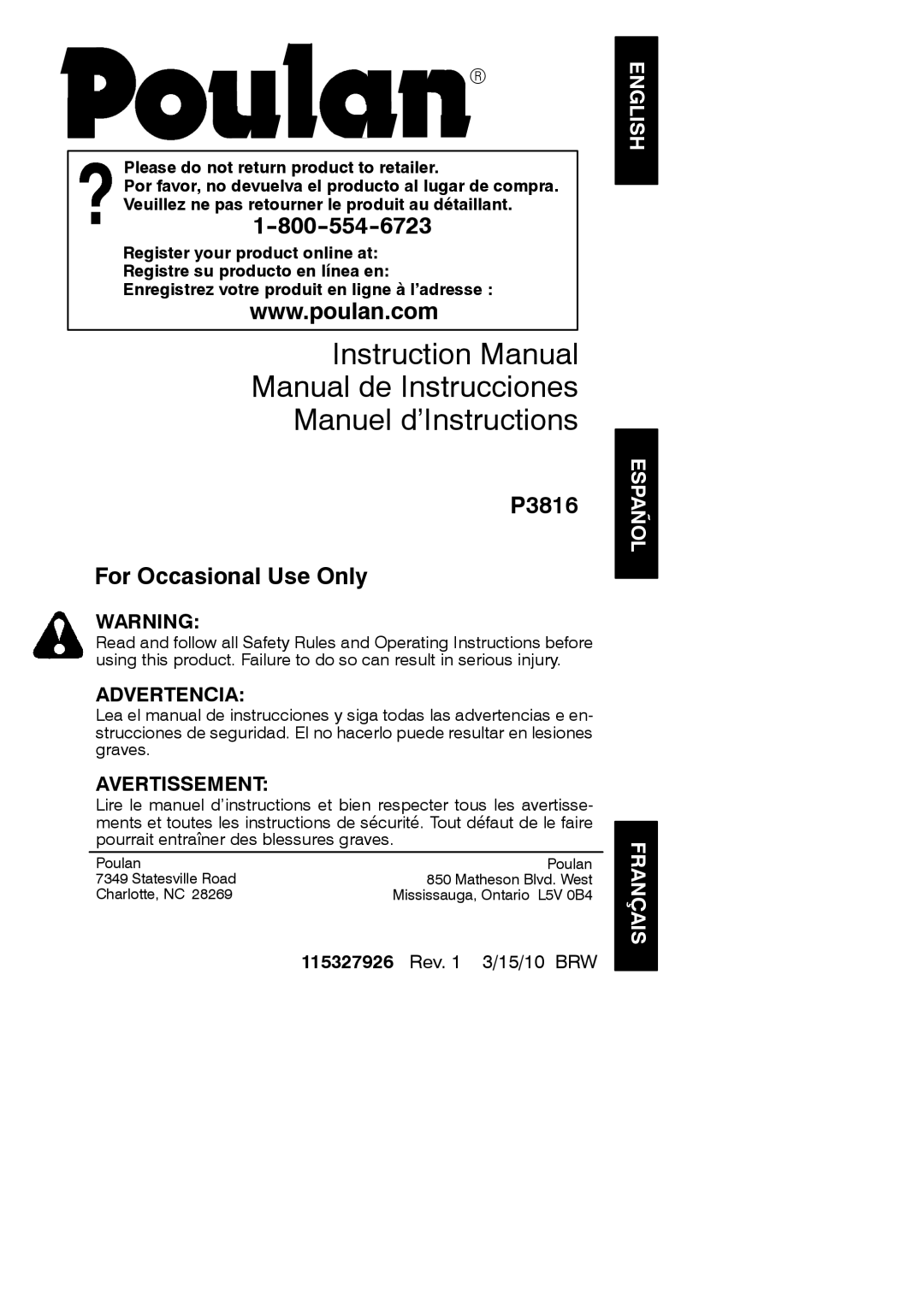 Poulan 966557801, P3816, 115327926 instruction manual Manual de Instrucciones Manuel d’Instructions 